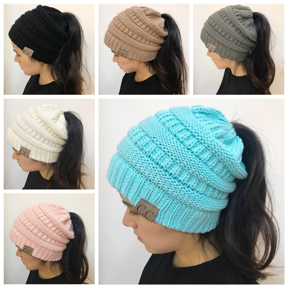 High Bun Ponytail Beanie Hat Chunky Soft Stretch Cable Knit Warm Fuzzy Lined Skull Beanie Acrylic Hats Men and Women