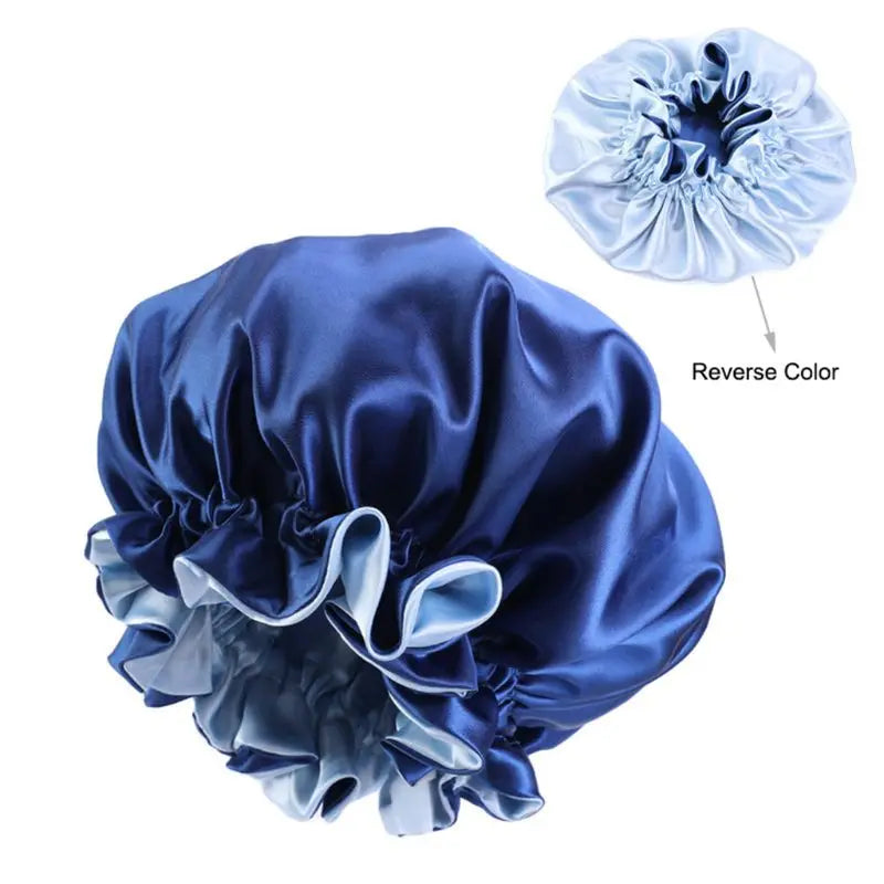 Women Double Layer Satin Sleep Bonnet Cap Large Solid Color Adjustable Elastic Ruffles Reversible Hair Loss round Night Hat