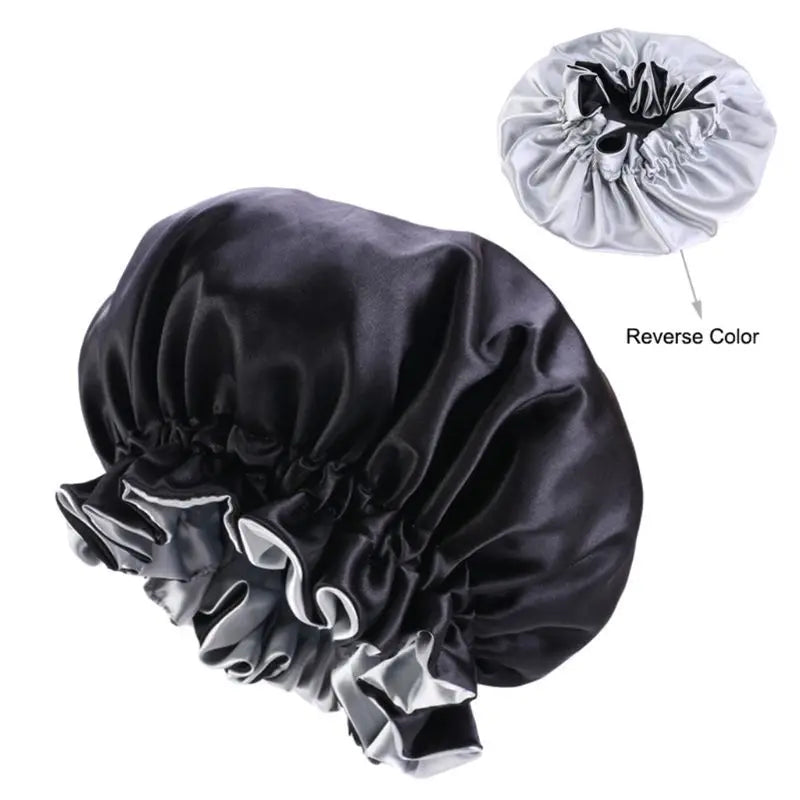 Women Double Layer Satin Sleep Bonnet Cap Large Solid Color Adjustable Elastic Ruffles Reversible Hair Loss round Night Hat