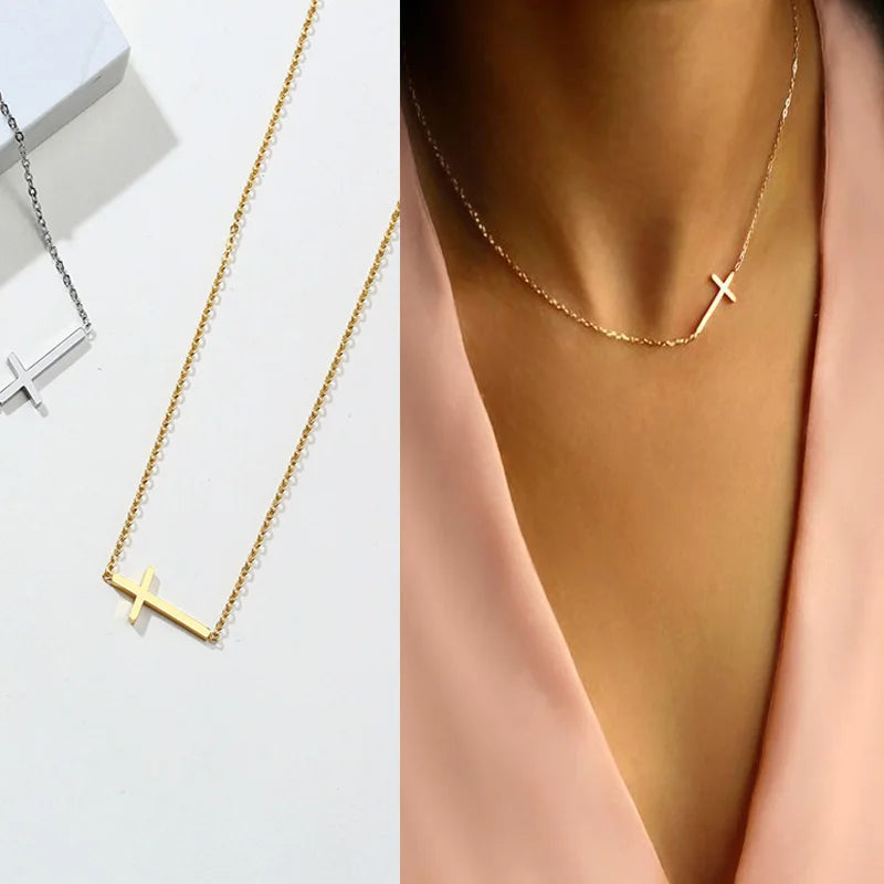 Tiny Sideway Cross Necklace Pendant Stainless Steel Dainty Minimalist Cross Choker Necklace Jewelry